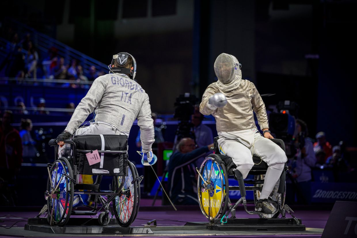 Andrii Demchuk, 36, from Lviv, competes in the bronze medal match in men's wheelchair fencing, sabre A