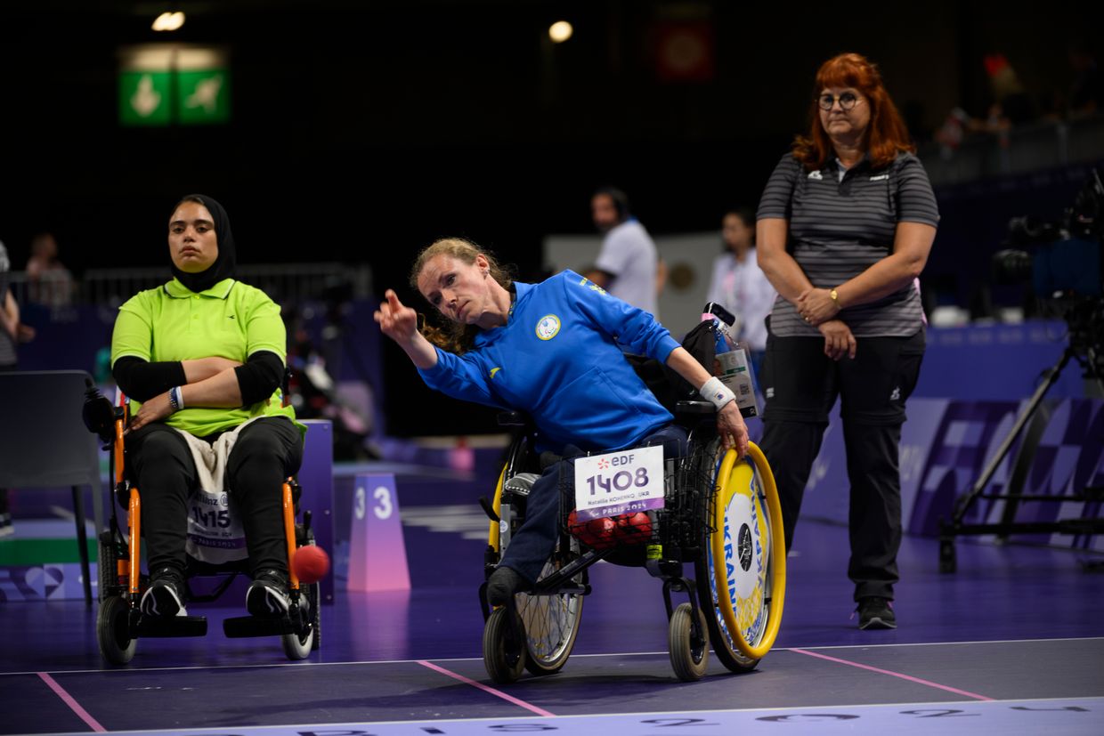 Nataliia Konenko, 34, from Lviv, is playing boccia in the preliminary round versus Egypt in Paris