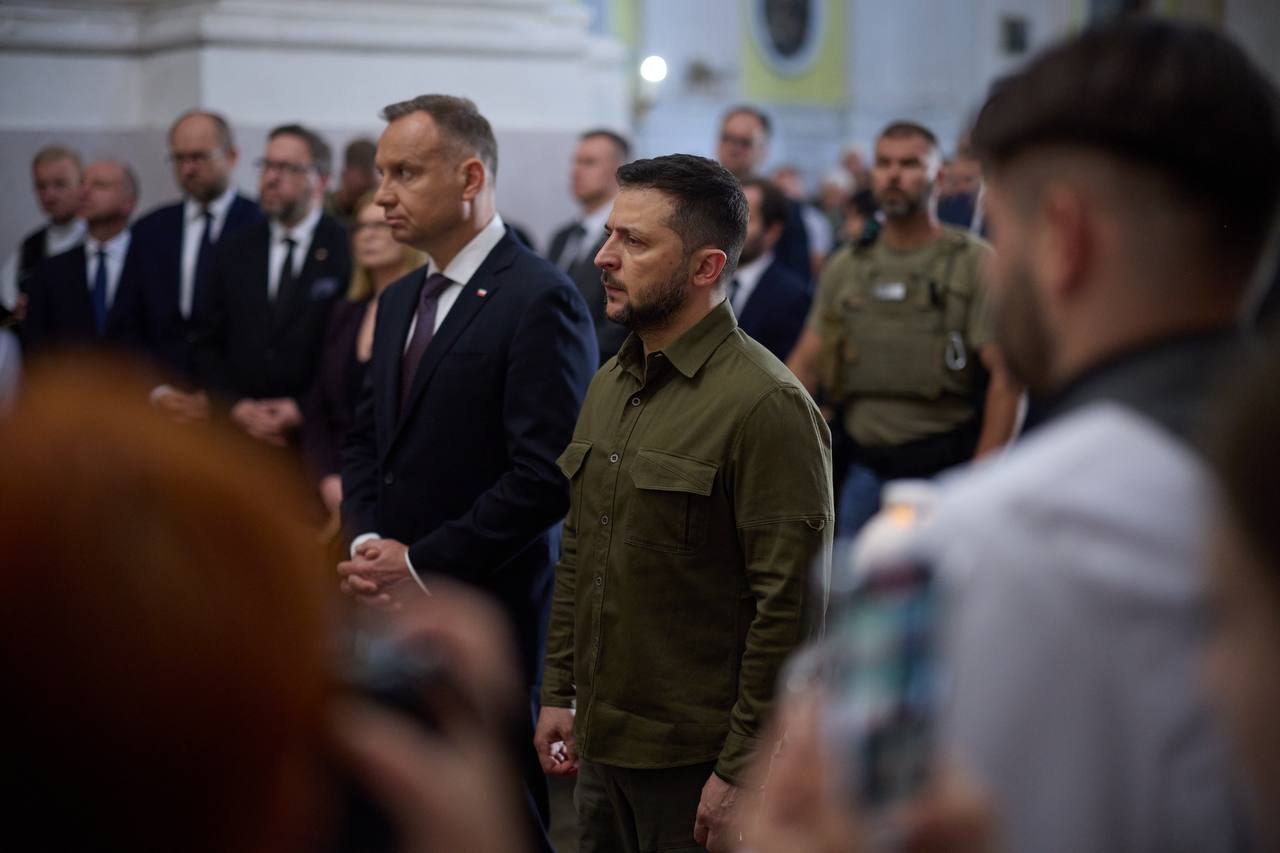 President Volodymyr Zelensky and his Polish counterpart Andrzej Duda commemorate the victims of the Volyn Massacre in the Ukrainian city of Lutsk on July 9, 2023. 