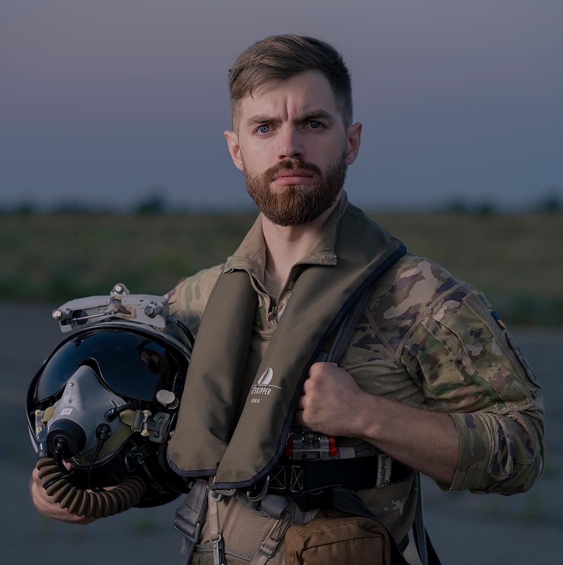 Portrait of Ukrainian fighter pilot Andrii Pilshchykov. 