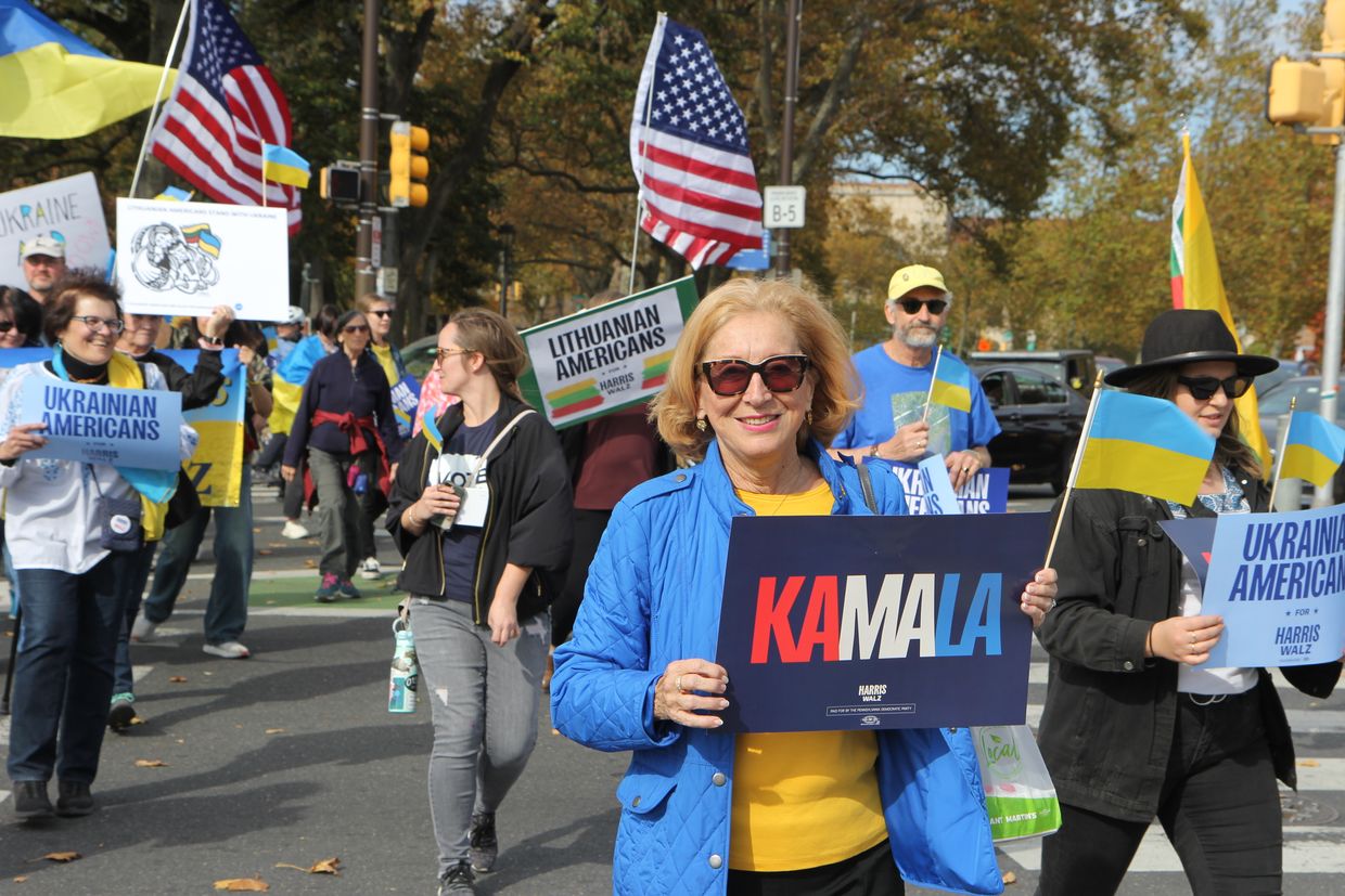 Marta Fedoriw, a Ukrainian in rural Pennsylvania, attends a Philadelphia rally on Oct. 26, 2024, supporting Harris for her stance on Kyiv.