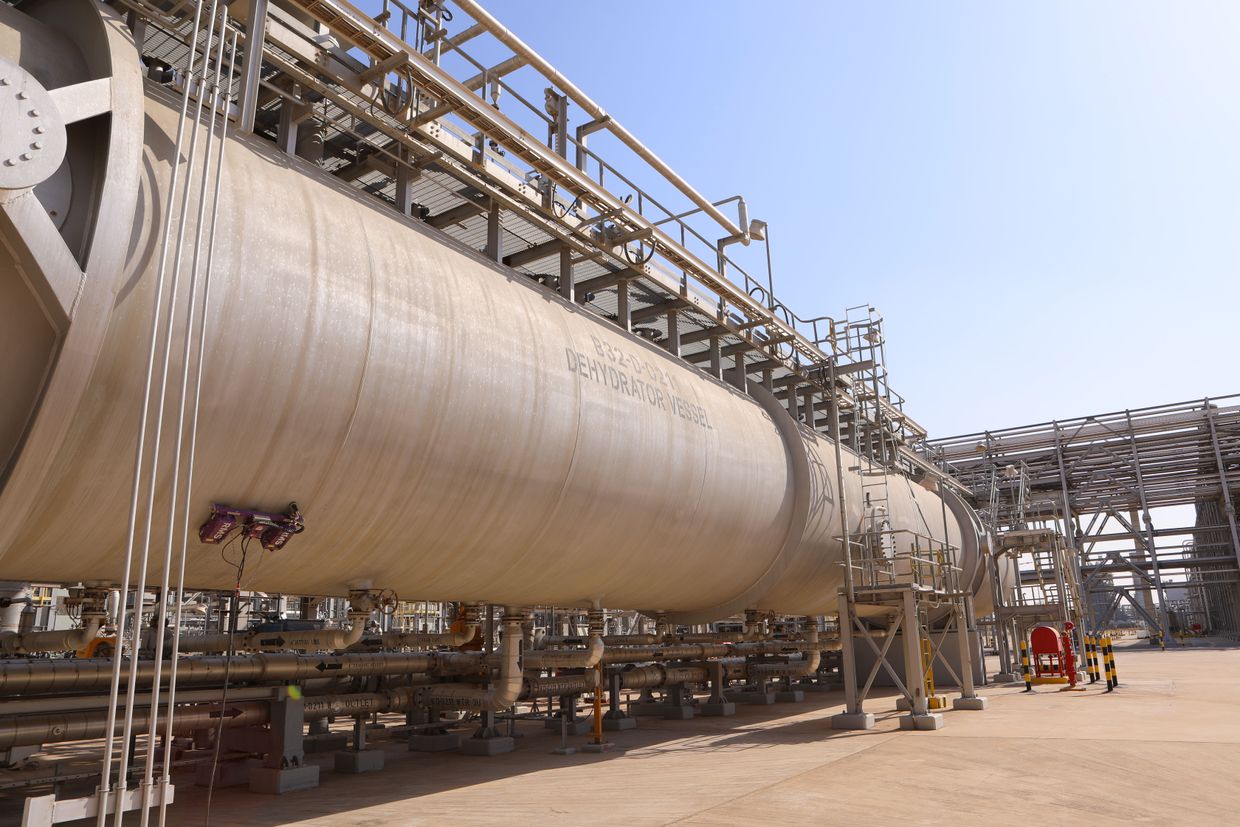 A dehydrator vessel pipe at the Khurais Processing Department in the Khurais oil field in Khurais, Saudi Arabia,