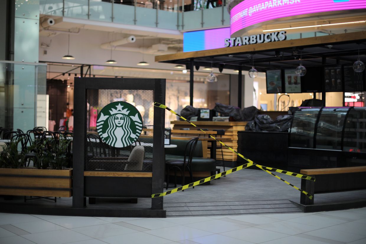 A closed Starbucks cafe in the Aviapark shopping center, Moskov, Russia on March 18, 2022.