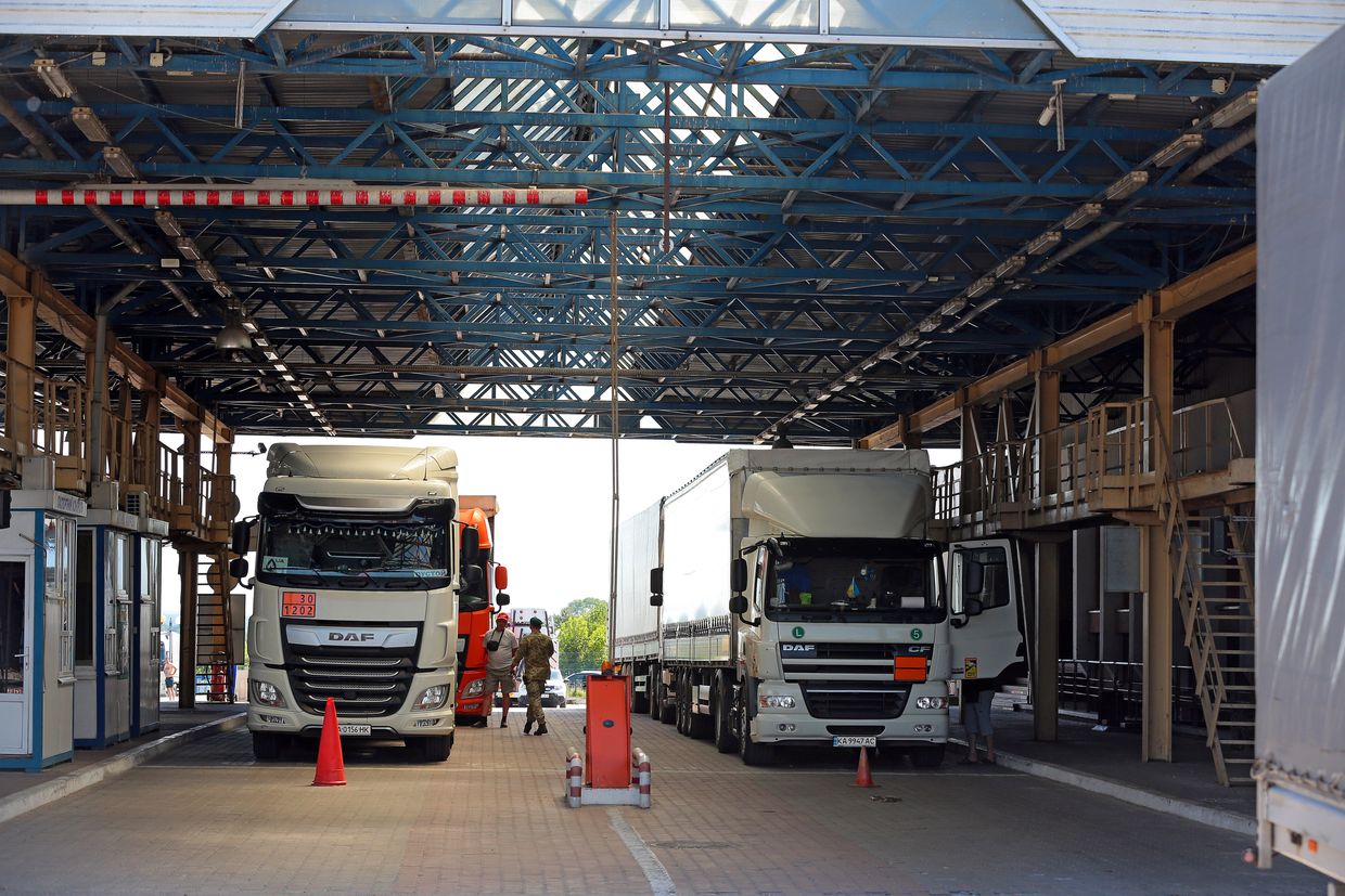 Trucks are pictured at the Krakovets-Korczowa checkpoint at the Ukraine-Poland border in June 20, 2022