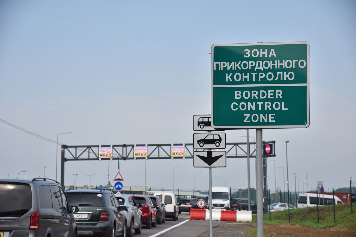 Road sign saying "Border control zone" at the reconstructed checkpoint on the Ukrainian-Polish border "Krakovets - Korchova on Aug.16, 2022.