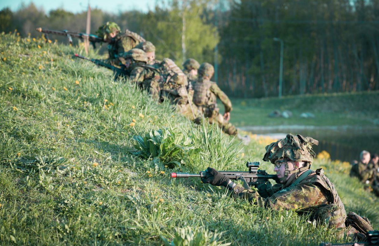 Members of the Estonian Defence Forces are seen during an exercise near Tapa, Estonia, on May 19, 2023. 