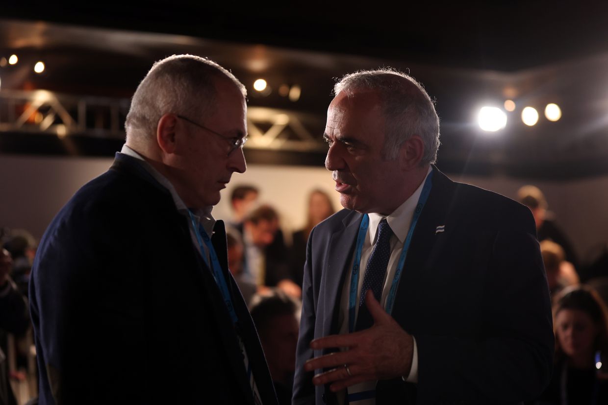 Activists Mikhail Khodorkovsky (L) and Garry Kasparov join the panel "Russia Reimagined" in Munich, Germany, on Feb. 18, 2023.