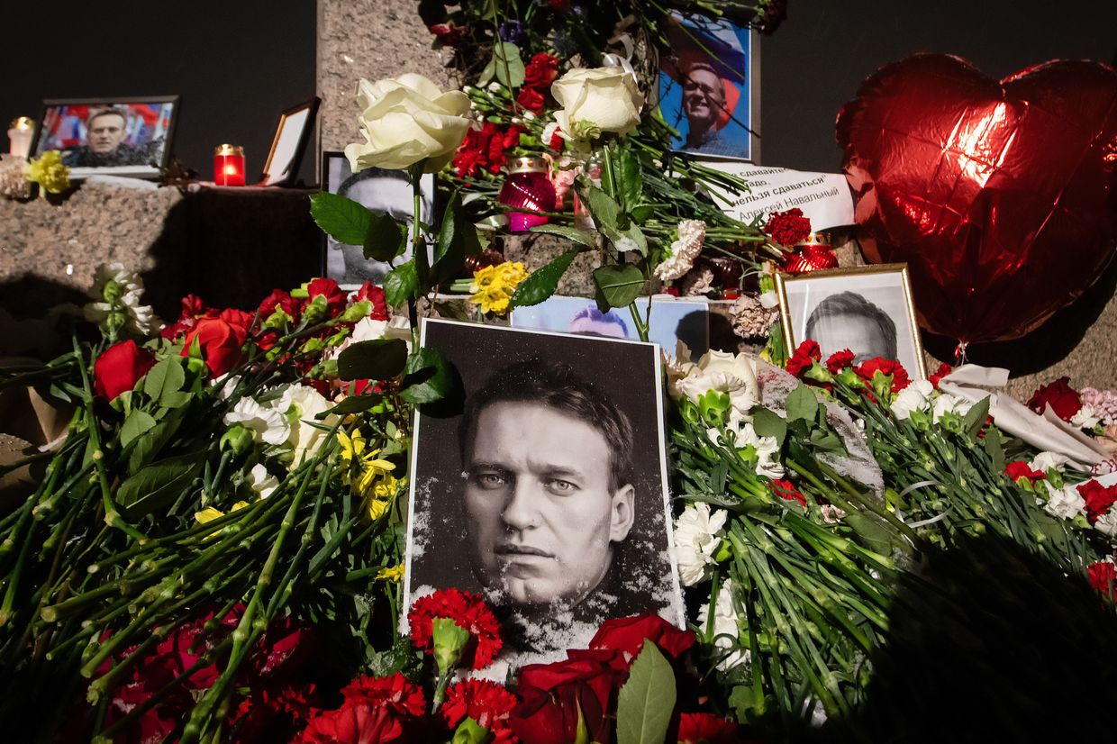  A memorial for deceased oppositionist Alexei Navalny at the monument to political repression in St. Petersburg on Feb. 16, 2024.