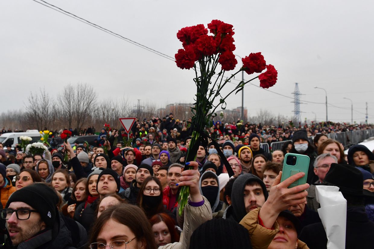 Mourners attend the funeral of Russian opposition leader Alexei Navalny at Borisovo cemetery in Moscow on Mar. 1, 2024.