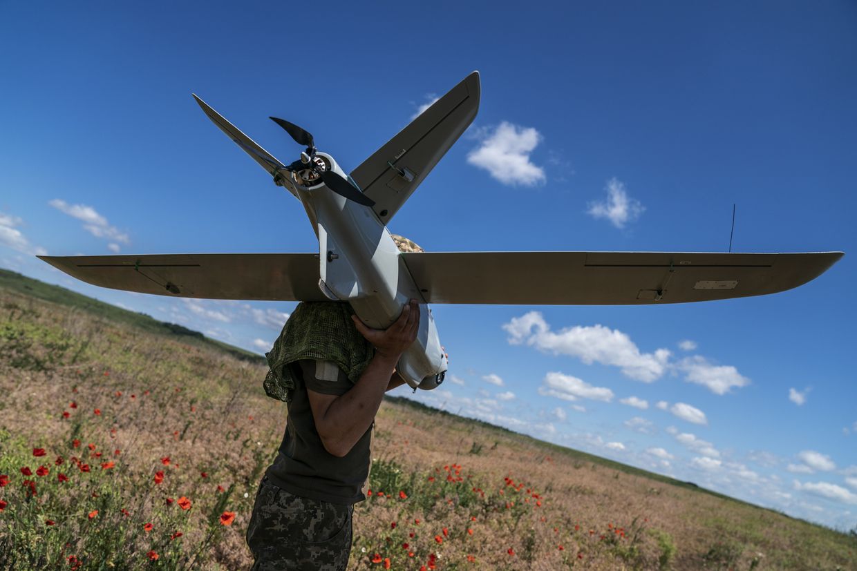 Ukrainian Army soldiers prepare LELEKA 100 military intelligence drone for flight in the direction of Chasiv Yar, Donetsk Oblast