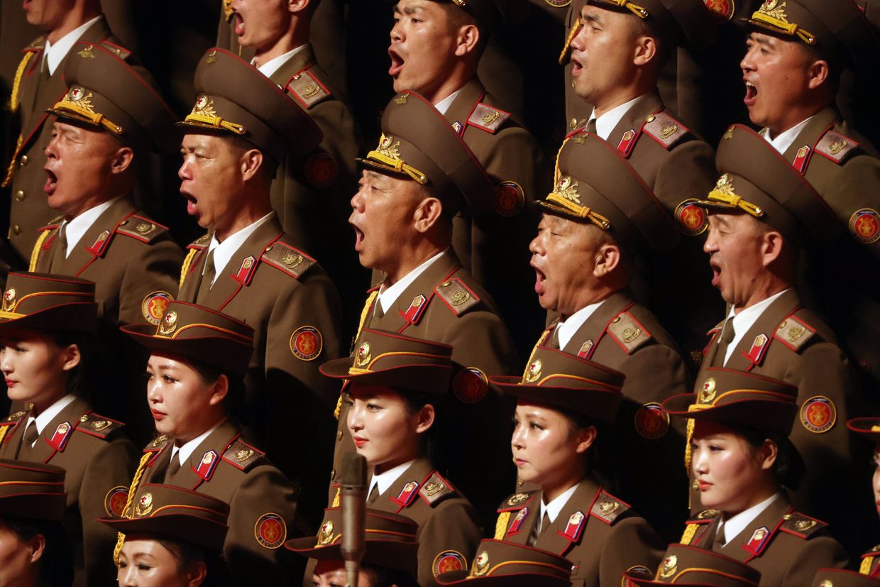     North Korean military choir sings a Russian song after Russian-North Korean talks in Pyongyang, June 19, 2024. 