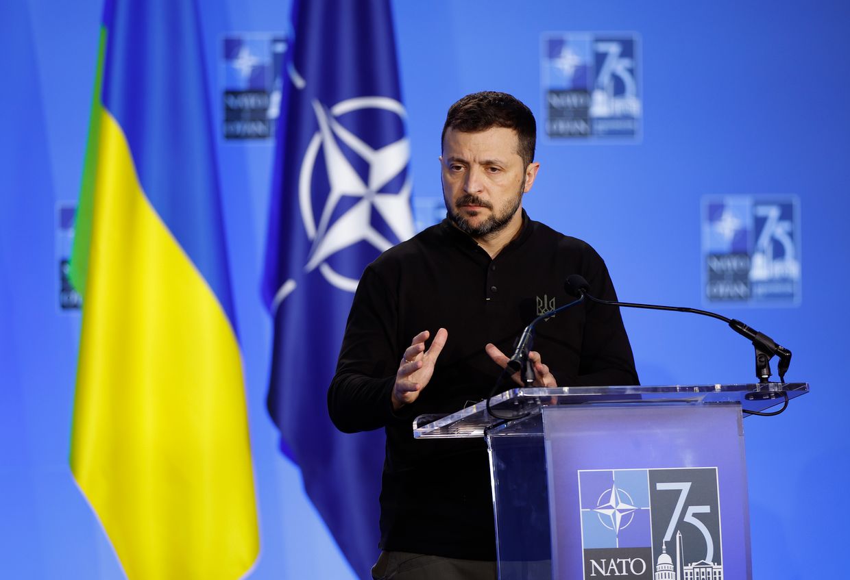 Ukrainian President Volodymyr Zelensky speaks during a joint press conference with NATO