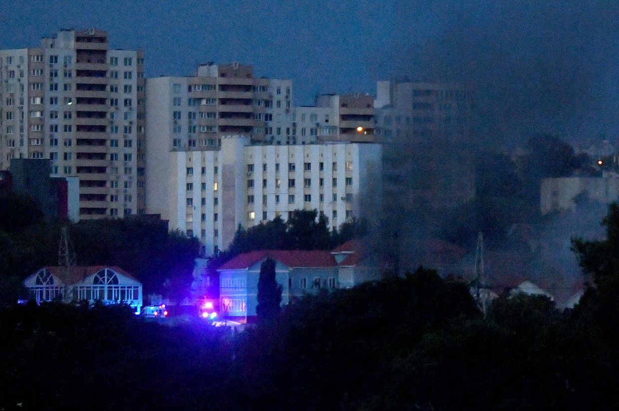 smoke billowing from the International Academy of Personnel Management following a missile attack in Kyiv, Ukraine on Sep. 2, 2024,