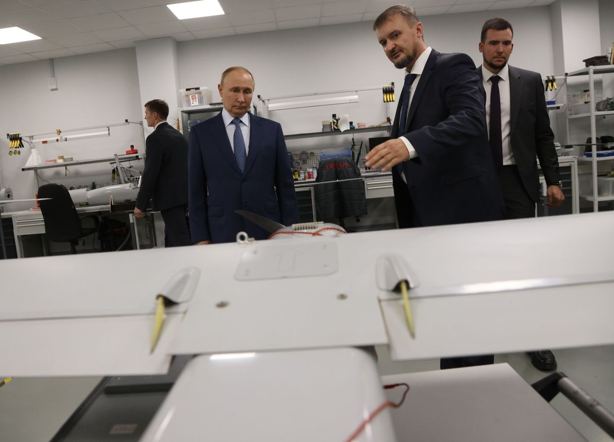 Russian President Vladimir Putin observes an exhibition of Orlan-10 UAV drones at the Special Technology Center in Saint Petersburg, Russia, on Sep. 19, 2024.