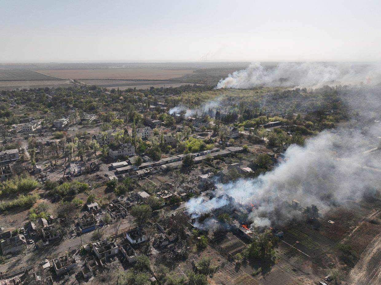 An aerial view of a small settlement of Tsukurine destroyed by Russian artillery and guided aerial bombs in Pokrovsk Frontline, Donetsk Oblast, Ukraine on Sep. 30, 2024.