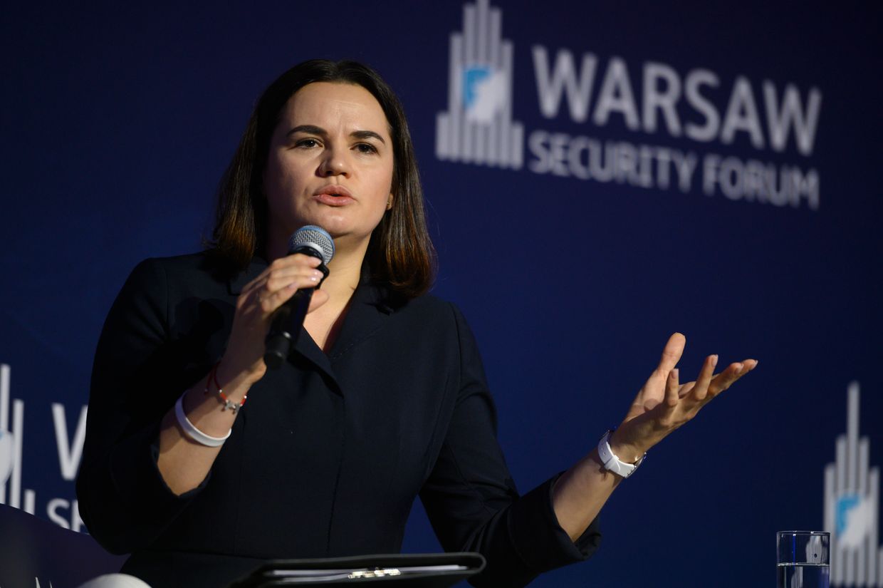 Exiled Belarusian opposition leader Sviatlana Tsikhanouskaya speaks during the in Warsaw, Poland on Oct. 2, 2024.