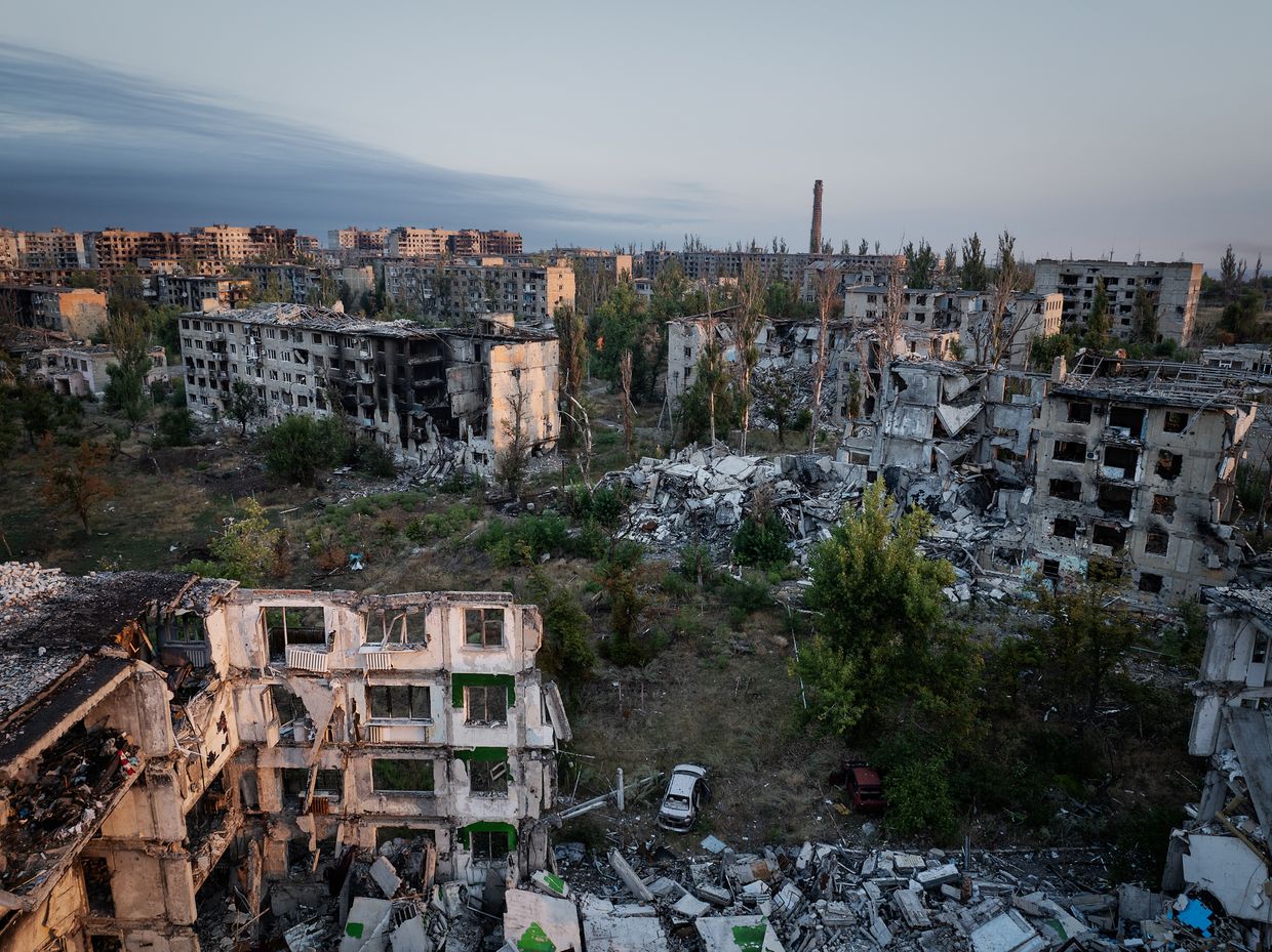 View by drone of the bombed-out town of the town of Vuhledar in Donetsk Oblast on Aug. 22, 2024.