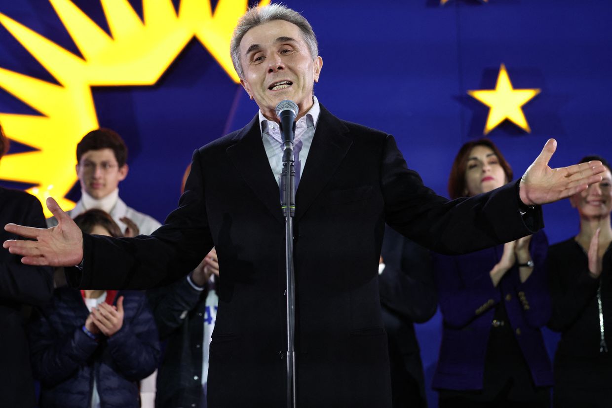 Georgian oligarch Ivanishvili speaks during a gathering at the Georgian Dream party office in Tbilisi on Oct. 26, 2024.