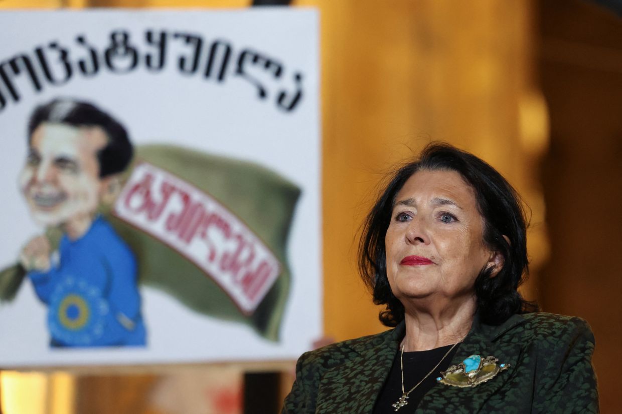 Georgia's President Salome Zurabishvili attends an opposition rally protesting parliamentary election results outside the parliament in Tbilisi on Oct. 28, 2024.