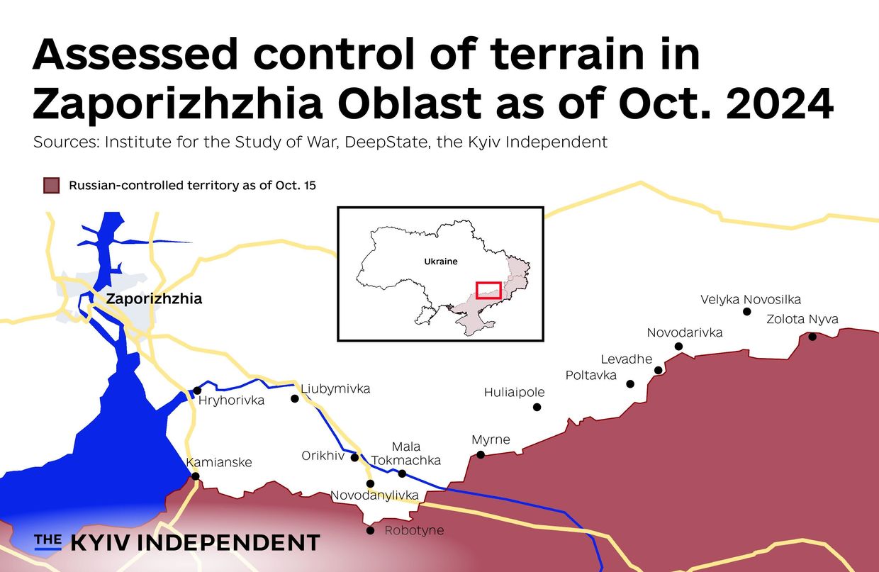 A map showing an assessed control of terrain in Zaporizhzhia Oblast as of Oct. 2024. 