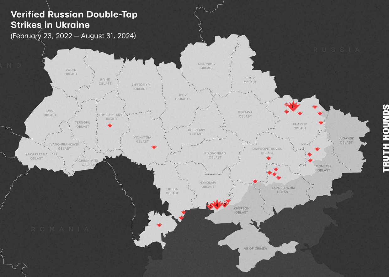 A map with the verified Russian double-tap strikes in Ukraine from February 24, 2022 — August 31, 2024.