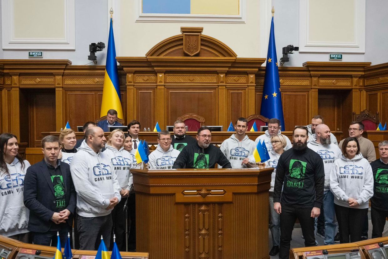 S.T.A.L.K.E.R. release celebration during a plenary meeting in parliament in Kyiv, Ukraine on Nov. 21, 2024.