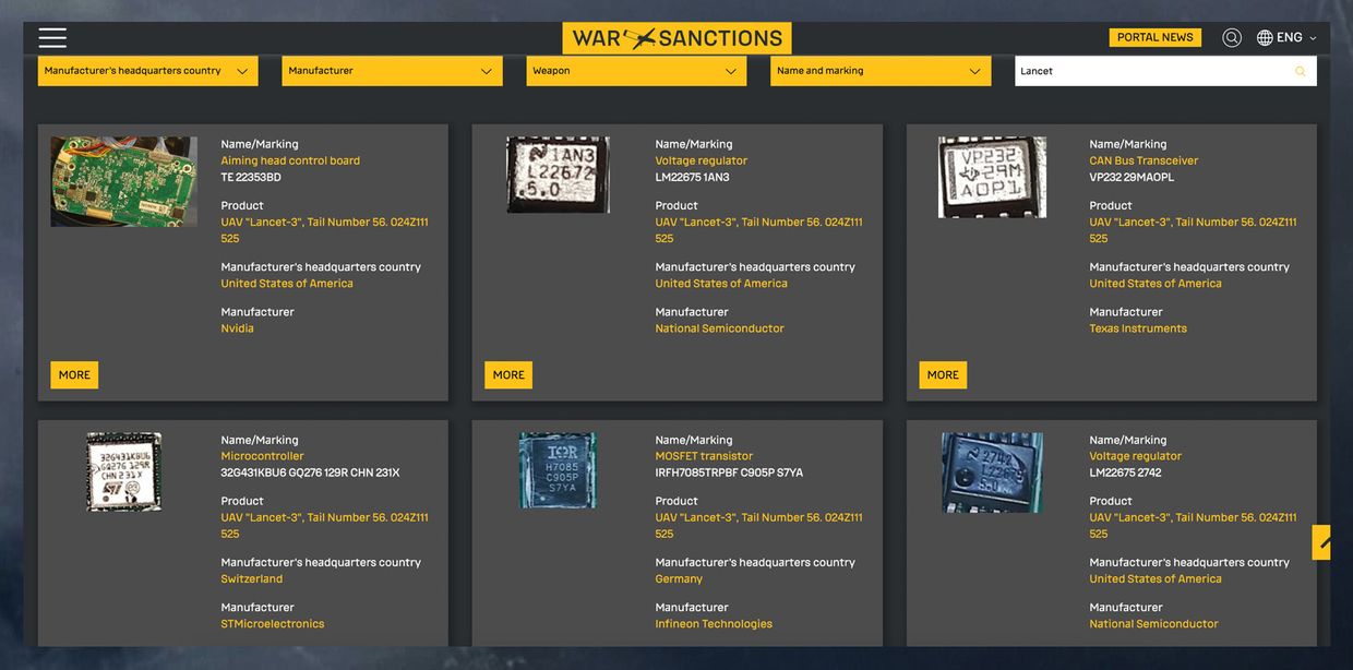 A screenshot from the war-sanctions.gur.gov.ua portal illustrates some of the components found in the Russian Lancet drone in Ukraine. 