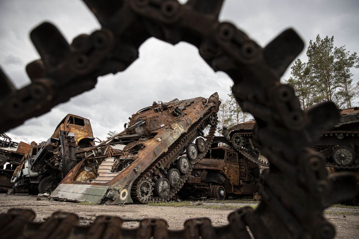 Destroyed Russian tanks are seen after Russian forces withdrew from Lyman, Donetsk Oblast, Ukraine, on Oct. 5, 2022.