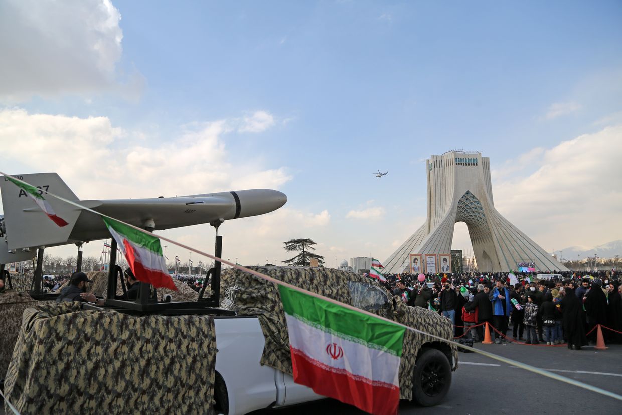 Iranian missiles and drones are showcased during the 44th anniversary of the 1979 Islamic Revolution in Tehran, Iran, on Feb. 11, 2023.