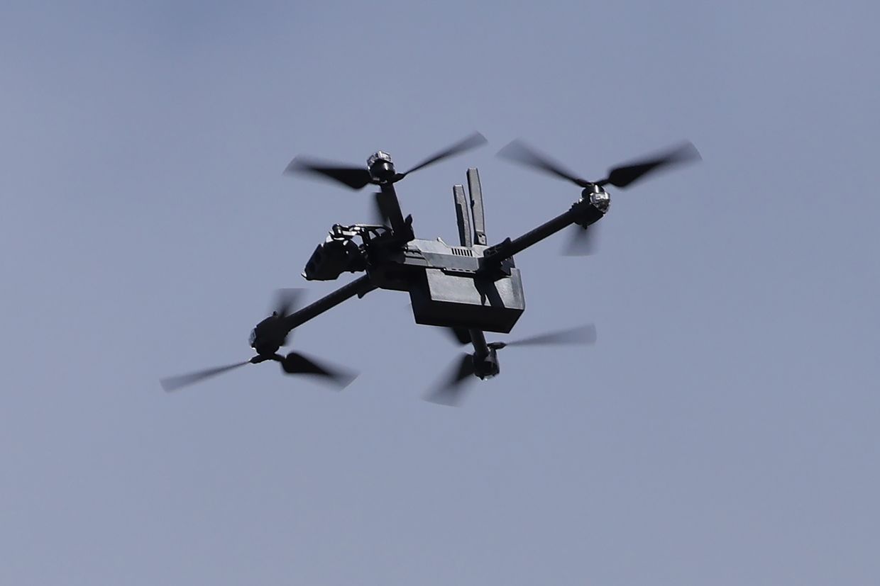 A U.S. military Skydio drone hovers over the venue of the 15th Ukraine Defense Contact Group meeting in Ramstein, Germany, on Sep. 19, 2023.