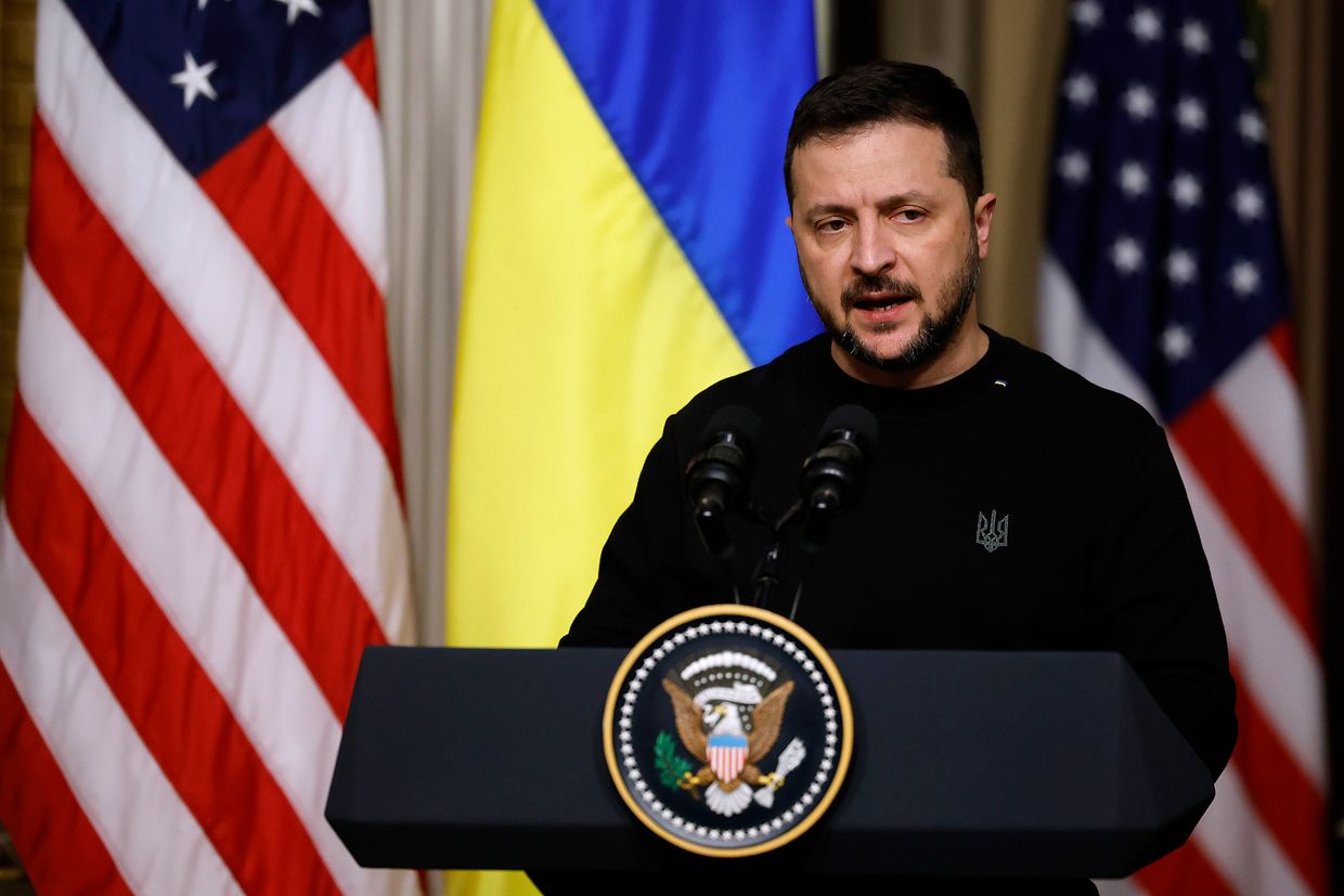 "Ukrainian President Volodymyr Zelensky speaks in Washington, DC on Dec. 12, 2023.