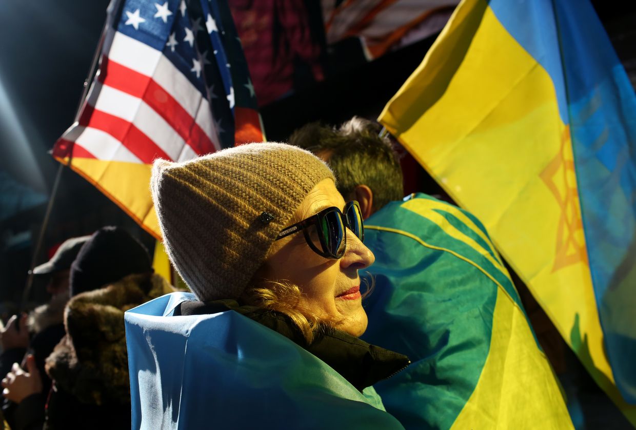 Protesters gather in Times Square to protest Russia's invasion of Ukraine in New York City on Feb. 24, 2024.