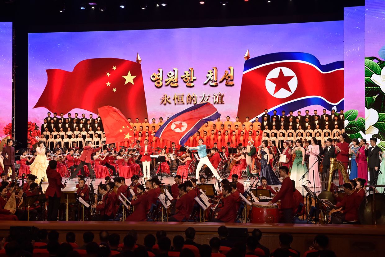 Chinese and North Korean artists perform during the opening ceremony of "North Korea-China Friendship Year" at the Pyongyang Grand Theatre in Pyongyang, North Korea on April 12, 2024