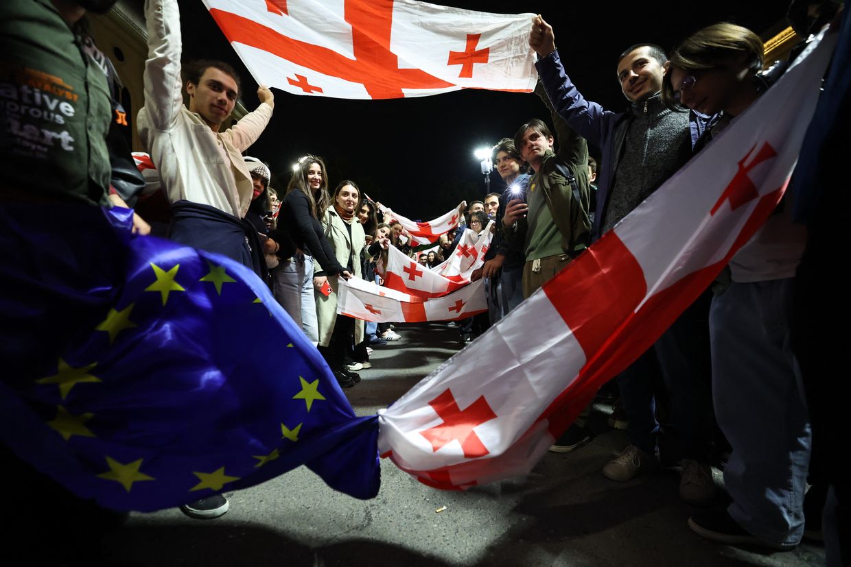 Protesters rally against the "foreign influence" law outside the parliament in Tbilisi, Georgia on May 15, 2024. 