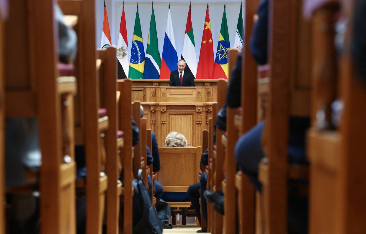 Putin addresses a BRICS parliamentary forum in Saint Petersburg, Russia, on July 11, 2024.