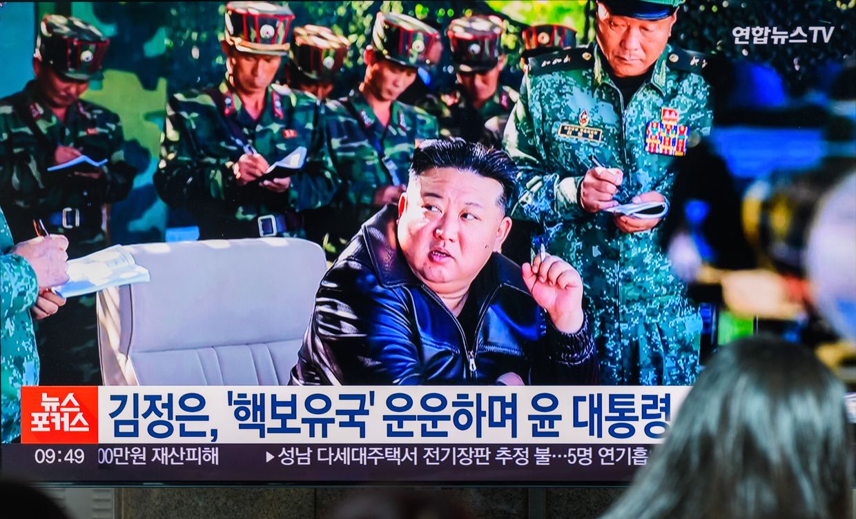 Kim Jong Un inspects a Korean People's Army training base in Pyongyang, shown on TV in Seoul on Oct. 4, 2024.