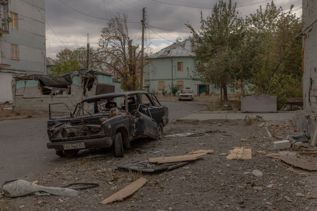 Damaged cars and buildings in Kurakhove, near the front line in Donetsk Oblast, Ukraine, on Oct. 8, 2024.