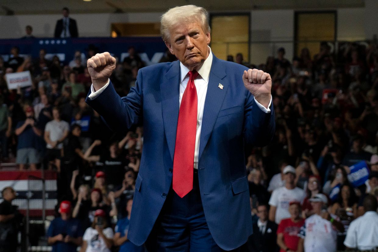 U.S. Republican presidential nominee, former President Donald Trump dances during a campaign rally at Findlay Toyota Center in Prescott Valley, Arizona, US on Oct. 13, 2024.