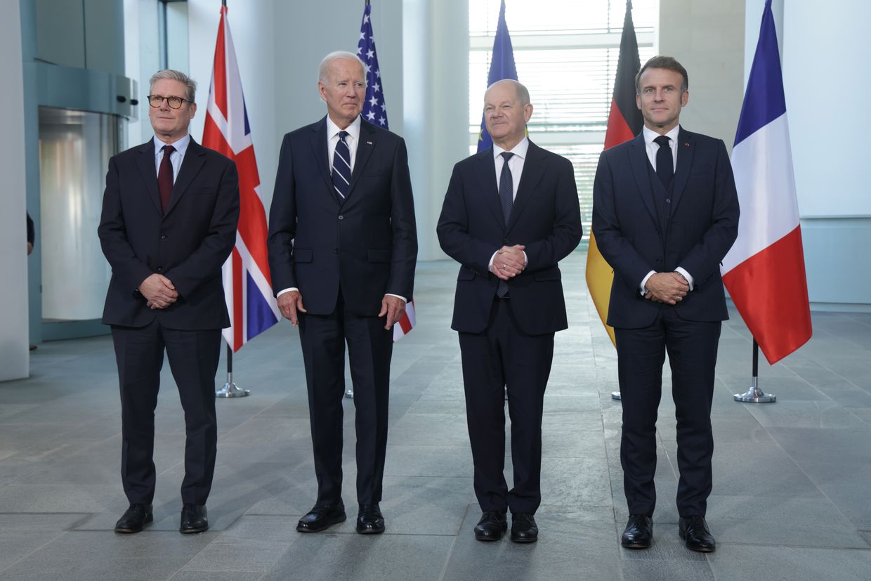 (L-R) UK PM Keir Starmer, U.S. President Joe Biden, German Chancellor Olaf Scholz, and French President Macron at the Chancellery, Berlin, Oct. 18, 2024.