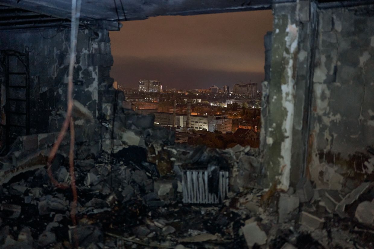 A Russian Shahed kamikaze drone struck the 20th floor of a residential building in Kyiv, Ukraine, on Oct. 25, 2024.