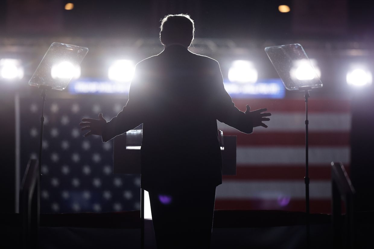 Former U.S. President Donald Trump, holds a campaign rally at Santander Arena in Reading, Pennsylvania, US, on Nov. 4, 2024.