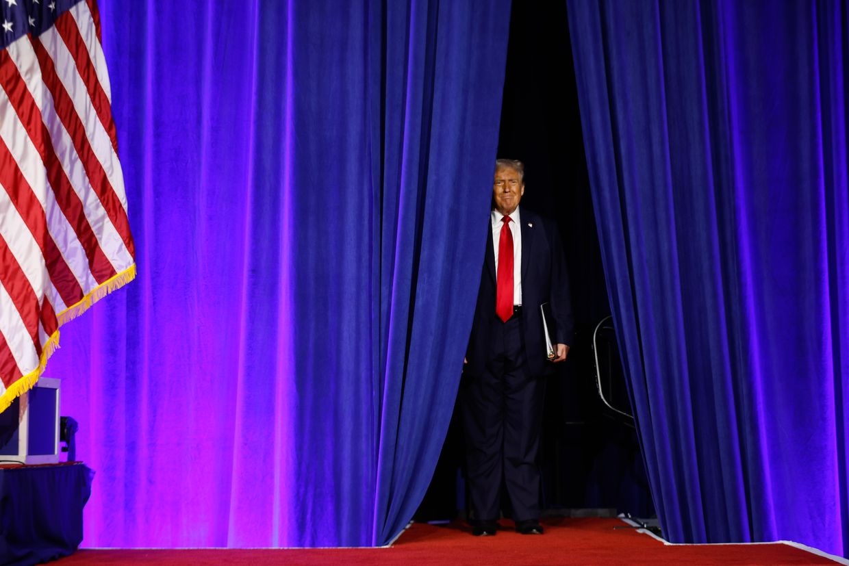 Republican presidential nominee, former U.S. President Donald Trump arrives to speak at an election night event in West Palm Beach, Florida, US on Nov. 6, 2024.