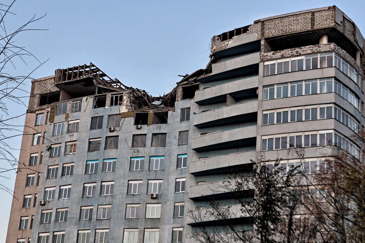 An exterior view of a business center building damaged by Russian shelling in Kyiv, Ukraine on Nov.7, 2024. 