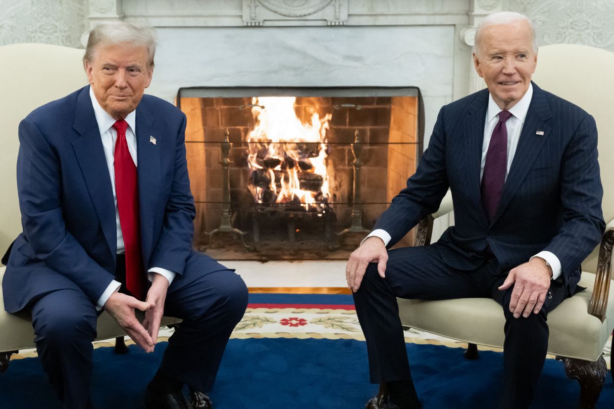 US President Joe Biden meets with US President-elect Donald Trump in the Oval Office of the White House in Washington, DC, US on Nov. 13, 2024. 