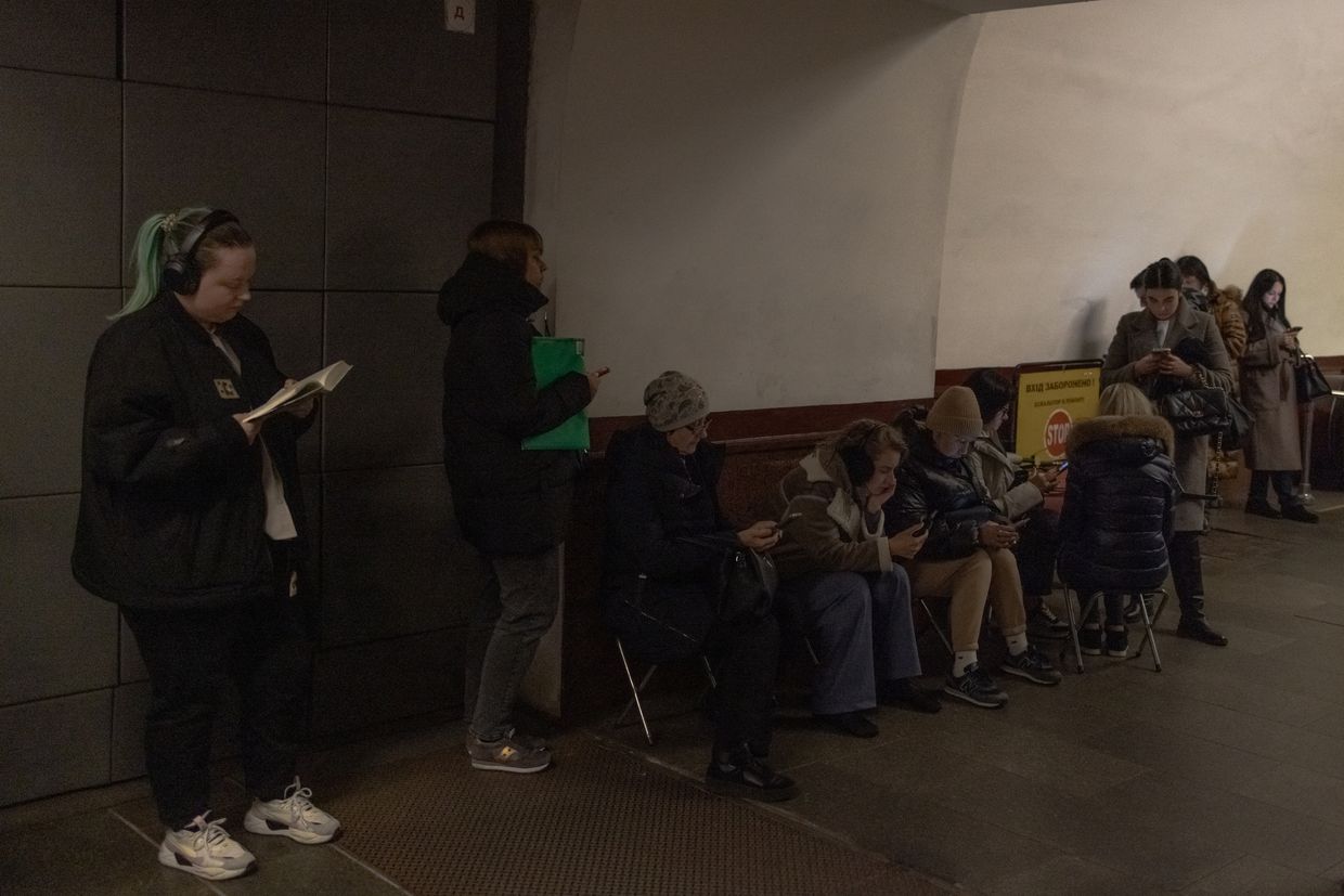 Local residents take shelter in a metro station during an air strike alarm in Kyiv, Ukraine on Nov. 20, 2024, amid the Russian invasion of Ukraine. 