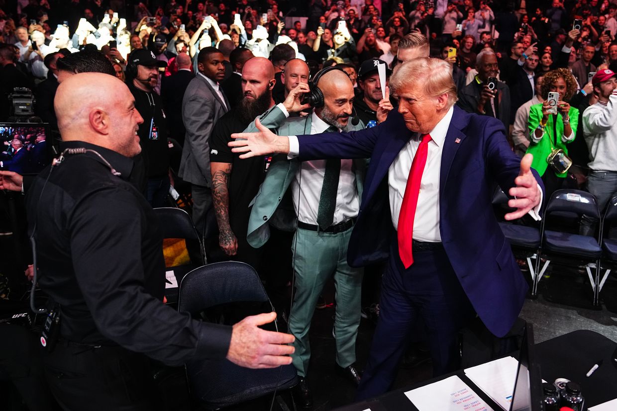 Joe Rogan greets Donald Trump during the UFC 309 event at Madison Square Garden in New York, New York, on Nov. 16, 2024.