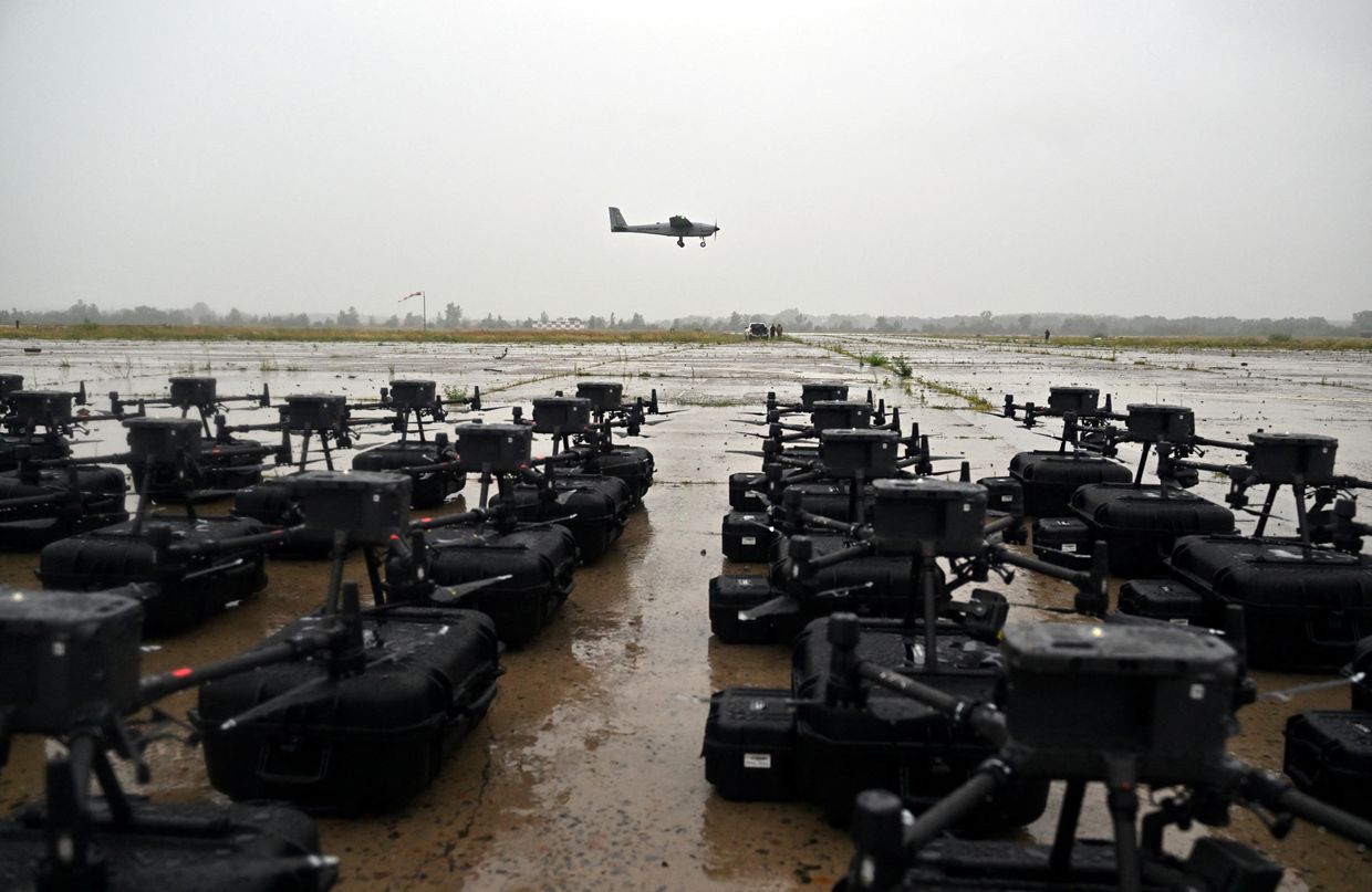  A UJ-22 Airborne drone, part of 'The Army of Drones,' prepares to land during a test flight in Kyiv Oblast, Ukraine, on Aug. 2, 2022.