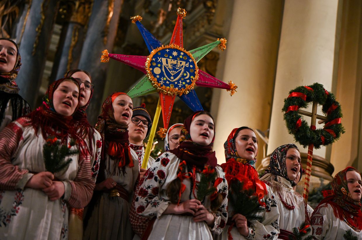 The youth folklore group performs at the 25th Christmas festival "Great Koliada" in Lviv, Ukraine, on Jan. 4, 2024.