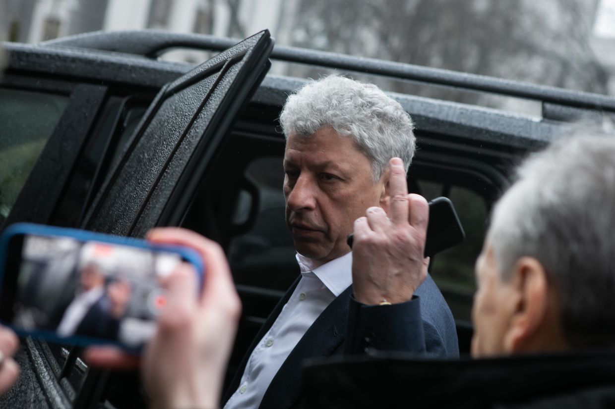 Lawmaker Yuriy Boyko talks to the press after the morning extraordinary session of Ukraine's parliament in Kyiv, Ukraine on Feb. 24, 2022.