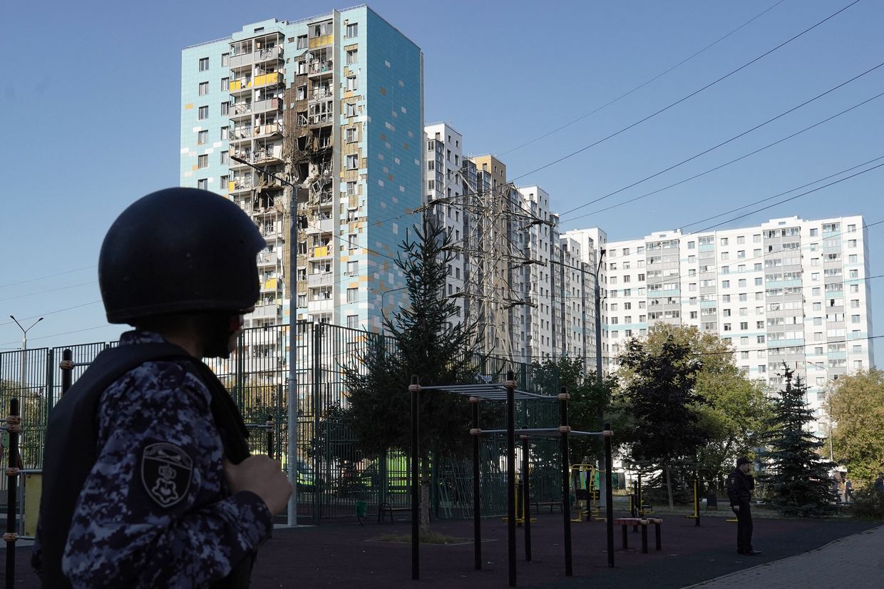 This photo shows a damaged residential building following a drone attack in Ramenskoye in the Moscow region on Sep. 10, 2024.